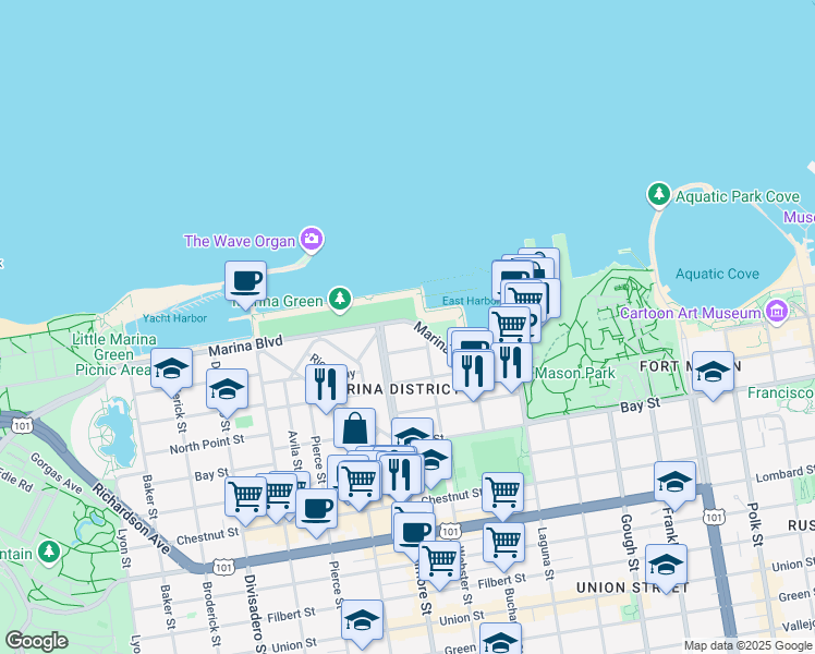 map of restaurants, bars, coffee shops, grocery stores, and more near 245 Marina Boulevard in San Francisco