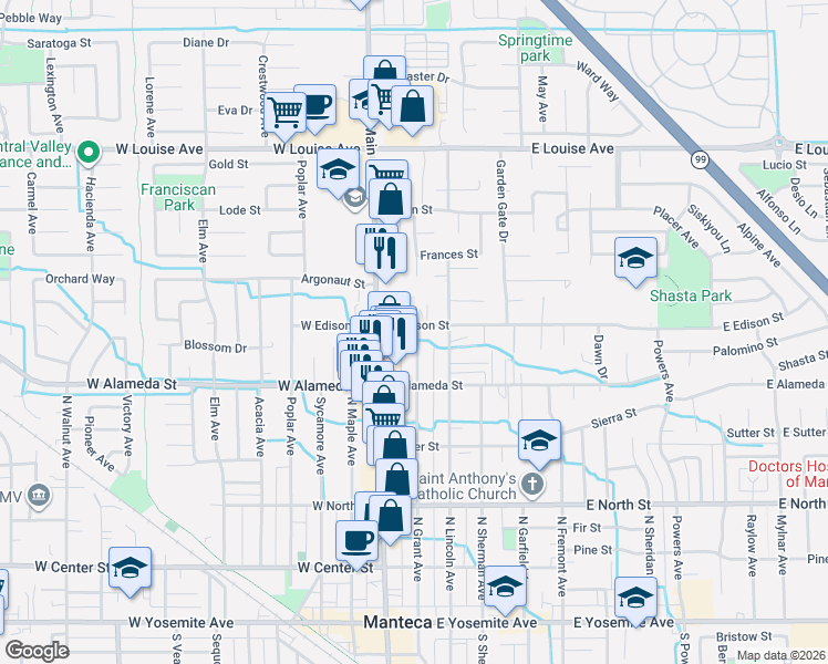 map of restaurants, bars, coffee shops, grocery stores, and more near 595 North Grant Avenue in Manteca