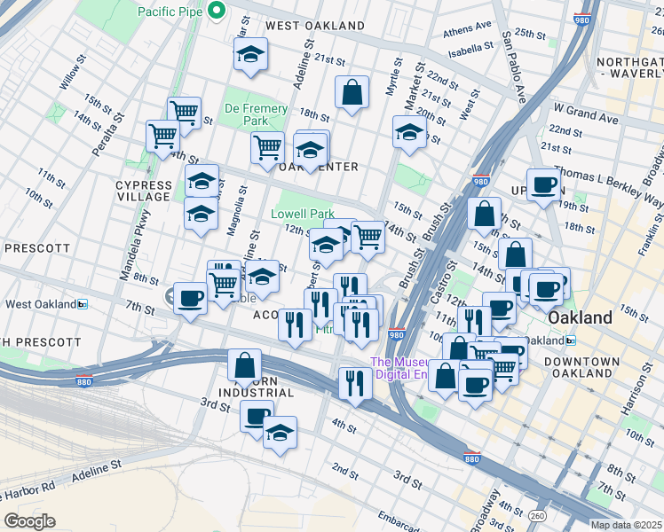 map of restaurants, bars, coffee shops, grocery stores, and more near 960 10th Street in Oakland