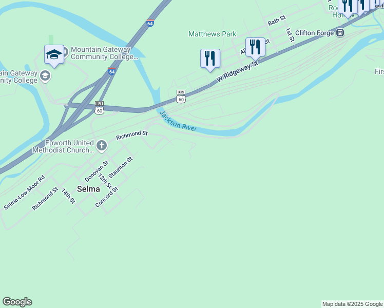 map of restaurants, bars, coffee shops, grocery stores, and more near Frazier Hill Lane in Clifton Forge