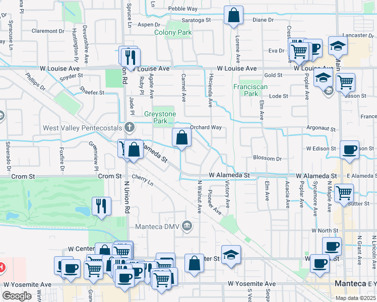map of restaurants, bars, coffee shops, grocery stores, and more near 886 Canyon Court in Manteca