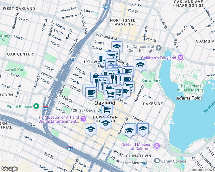 map of restaurants, bars, coffee shops, grocery stores, and more near in Oakland