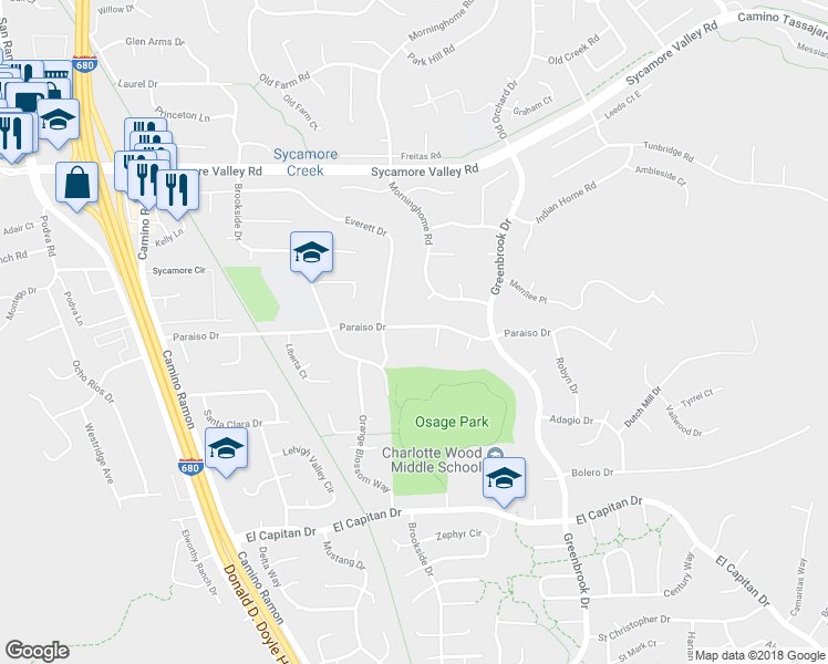 map of restaurants, bars, coffee shops, grocery stores, and more near 277 Paraiso Drive in Danville