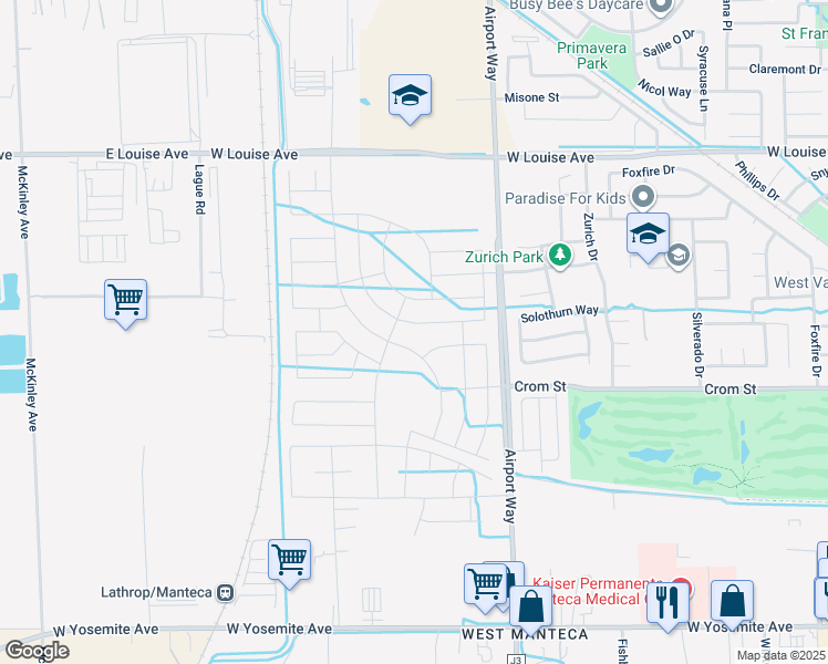map of restaurants, bars, coffee shops, grocery stores, and more near 709 Airport Way in Manteca