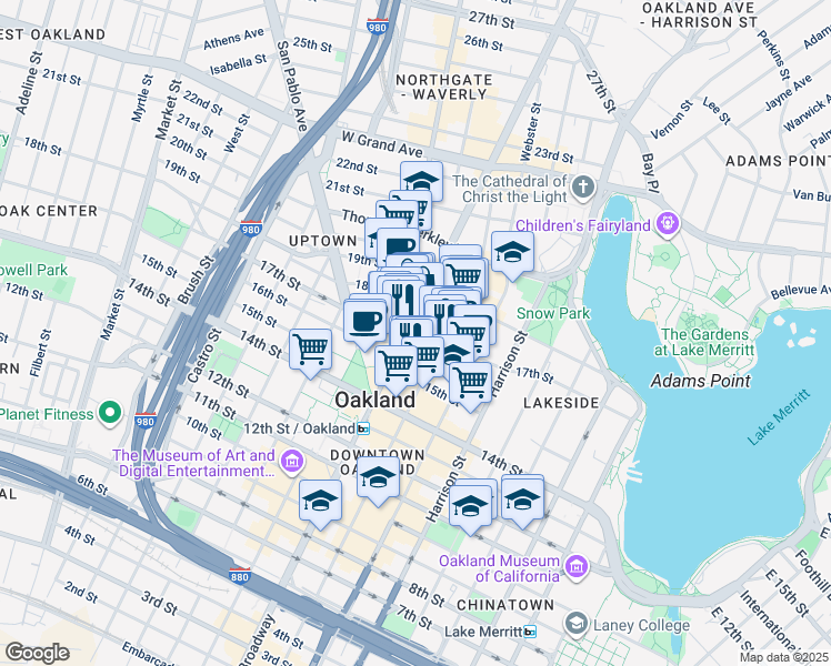 map of restaurants, bars, coffee shops, grocery stores, and more near in Oakland