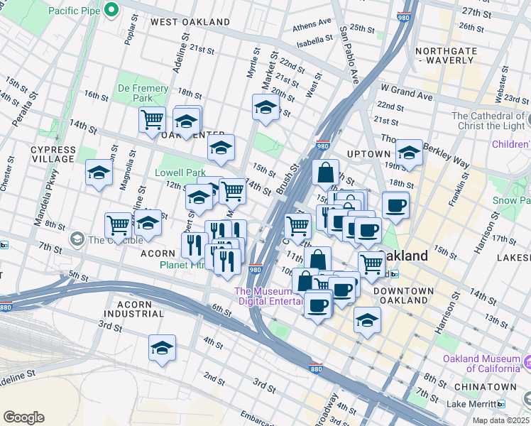 map of restaurants, bars, coffee shops, grocery stores, and more near in Oakland