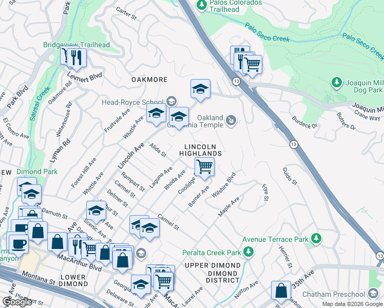 map of restaurants, bars, coffee shops, grocery stores, and more near 2609 Charleston Street in Oakland