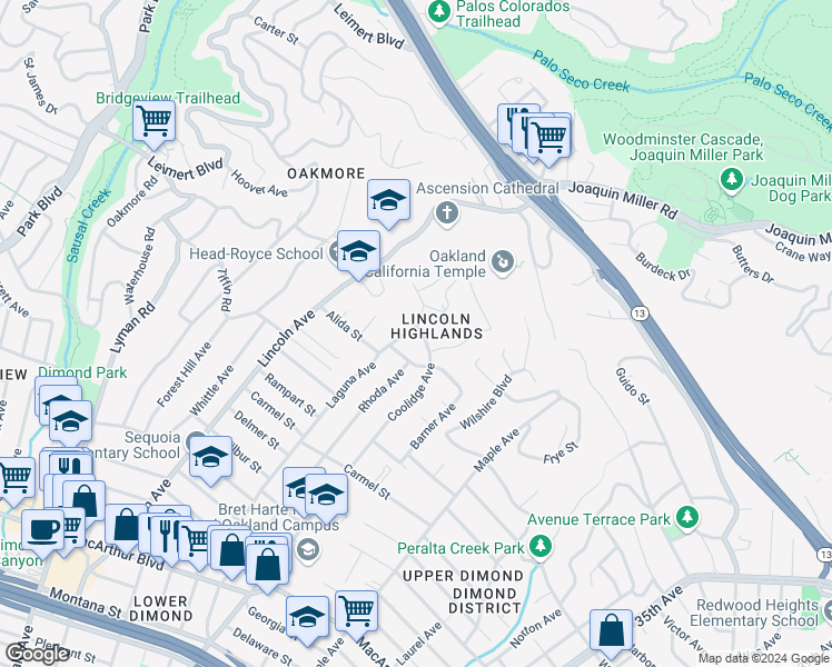 map of restaurants, bars, coffee shops, grocery stores, and more near 2609 Charleston Street in Oakland