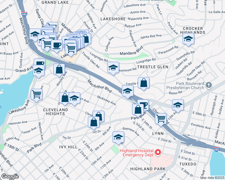 map of restaurants, bars, coffee shops, grocery stores, and more near 926 MacArthur Boulevard in Oakland