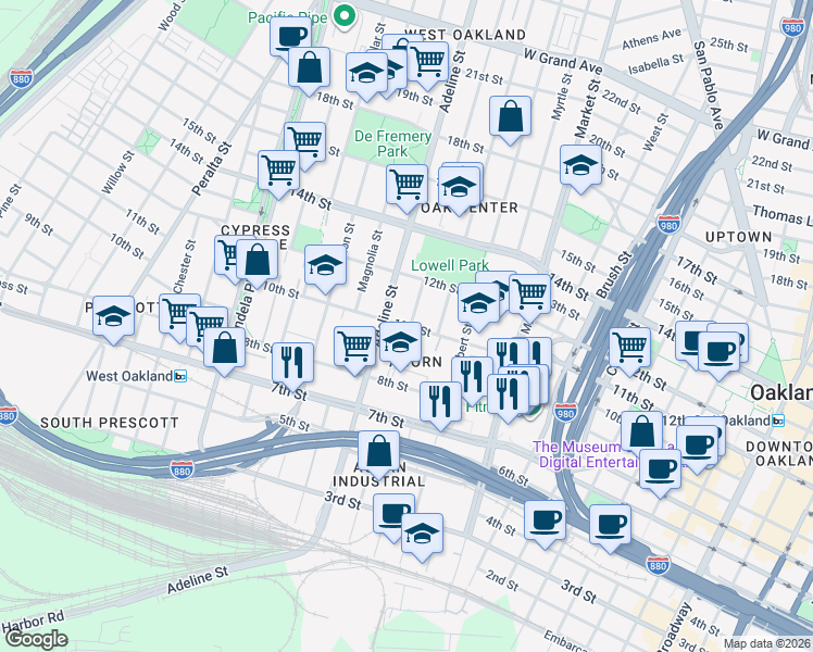 map of restaurants, bars, coffee shops, grocery stores, and more near 1117 10th St in Oakland