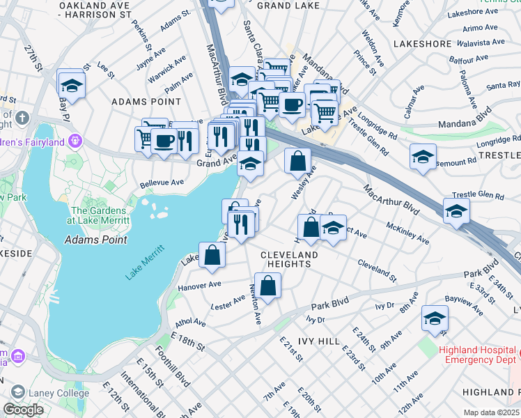 map of restaurants, bars, coffee shops, grocery stores, and more near 450 Merritt Avenue in Oakland