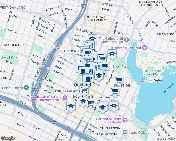 map of restaurants, bars, coffee shops, grocery stores, and more near in Oakland