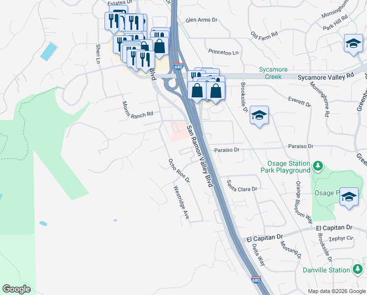 map of restaurants, bars, coffee shops, grocery stores, and more near 132 Westfield Circle in Danville