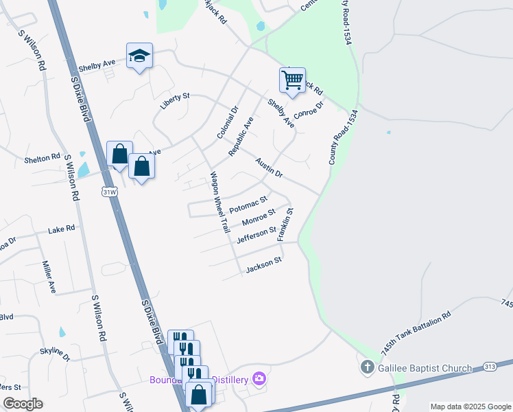 map of restaurants, bars, coffee shops, grocery stores, and more near 114 Potomac Street in Radcliff