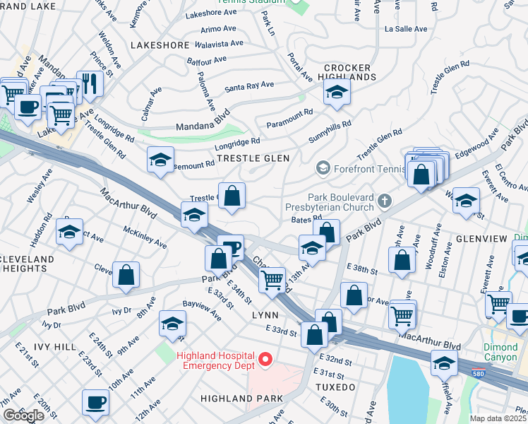 map of restaurants, bars, coffee shops, grocery stores, and more near 940 Alma Place in Oakland