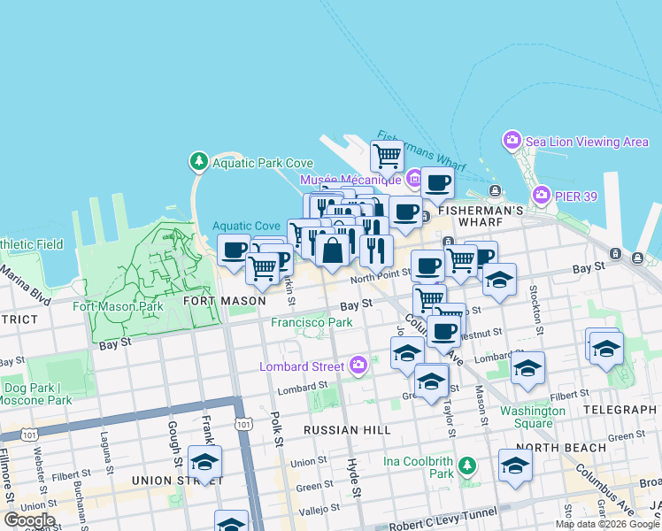 map of restaurants, bars, coffee shops, grocery stores, and more near 685 Beach Street in San Francisco