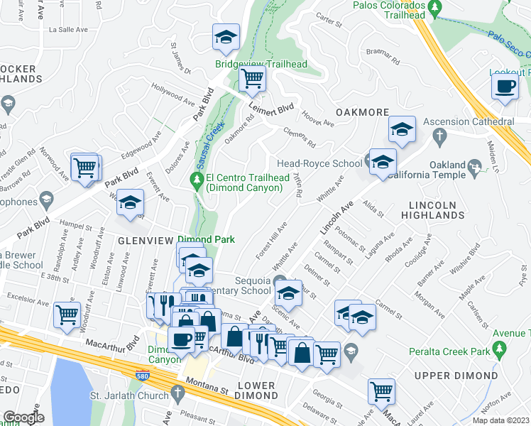 map of restaurants, bars, coffee shops, grocery stores, and more near 3981 Fruitvale Avenue in Oakland