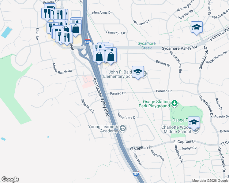 map of restaurants, bars, coffee shops, grocery stores, and more near 120 Paraiso Drive in Danville