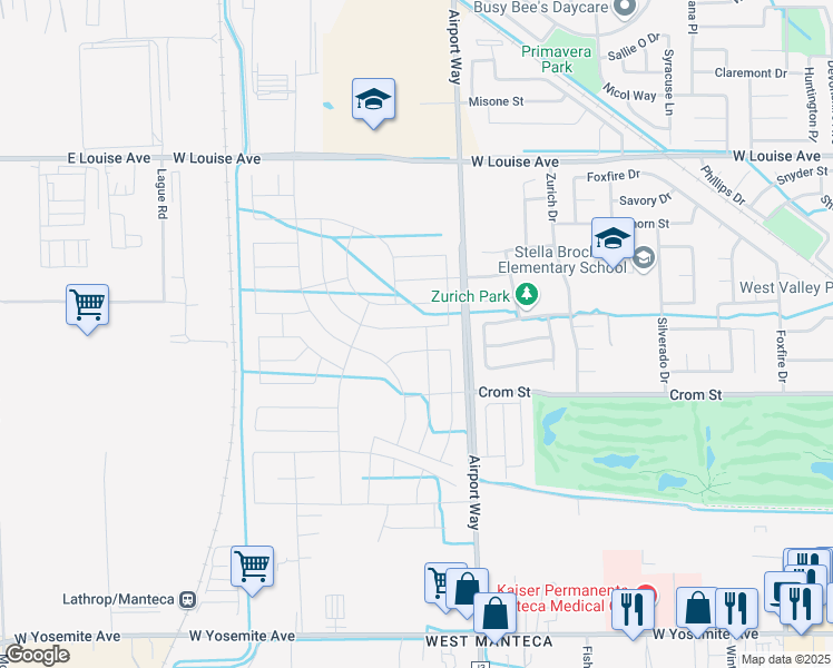 map of restaurants, bars, coffee shops, grocery stores, and more near 2561-6637 Airport Way in Manteca