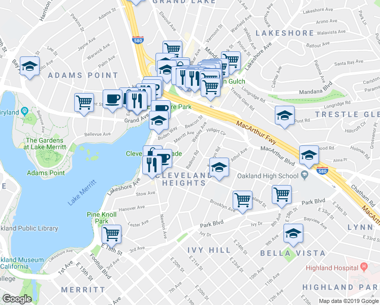 map of restaurants, bars, coffee shops, grocery stores, and more near 568 Wesley Avenue in Oakland