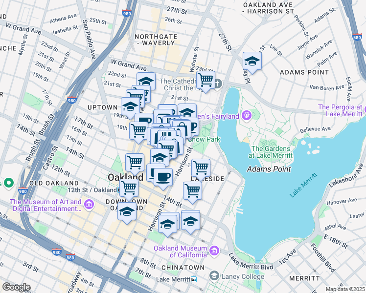 map of restaurants, bars, coffee shops, grocery stores, and more near 1732 Webster Street in Oakland