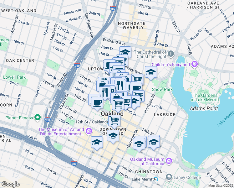 map of restaurants, bars, coffee shops, grocery stores, and more near in Oakland