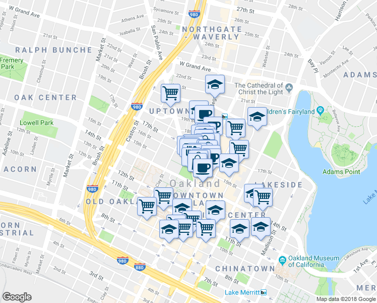 map of restaurants, bars, coffee shops, grocery stores, and more near in Oakland