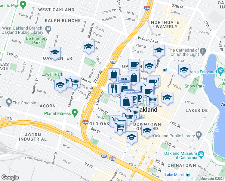 map of restaurants, bars, coffee shops, grocery stores, and more near 1307 Jefferson Street in Oakland
