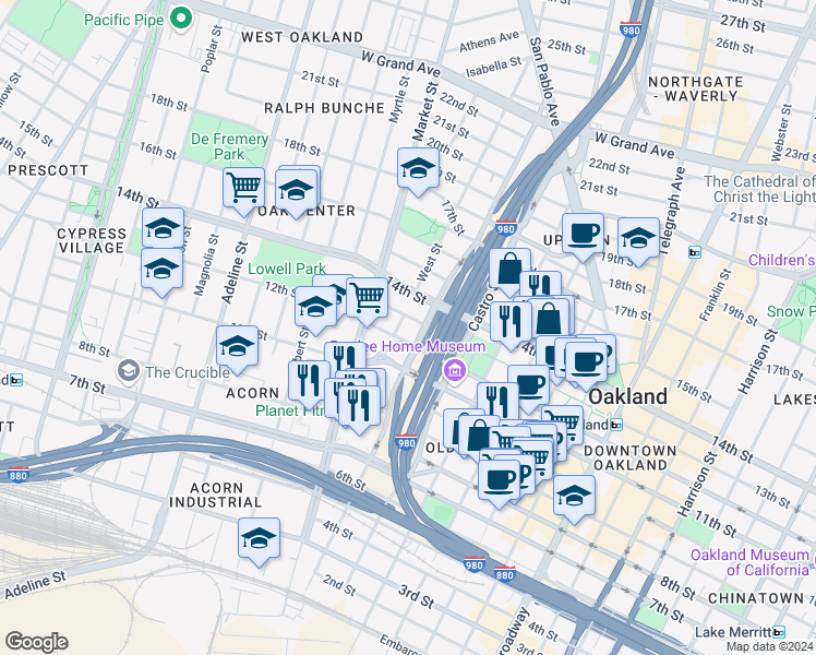 map of restaurants, bars, coffee shops, grocery stores, and more near in Oakland