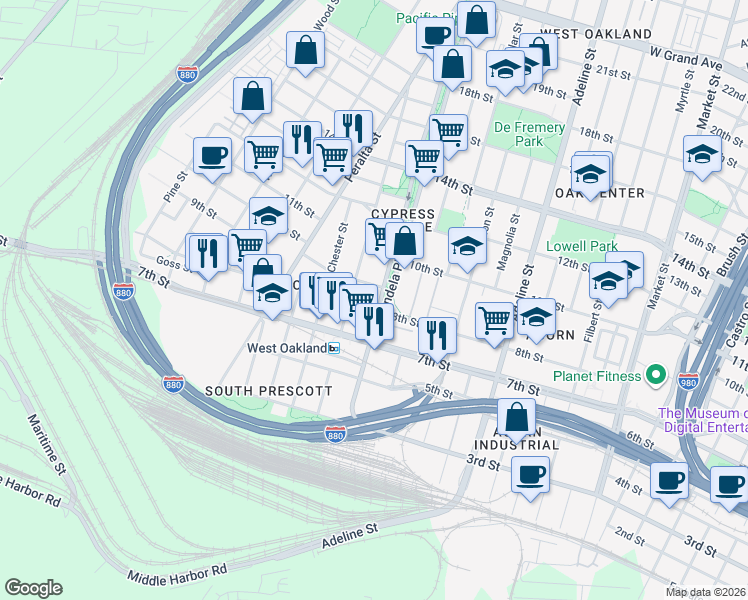 map of restaurants, bars, coffee shops, grocery stores, and more near 1411a 8th Street in Oakland