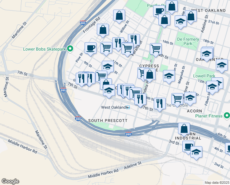 map of restaurants, bars, coffee shops, grocery stores, and more near 1528 7th Street in Oakland