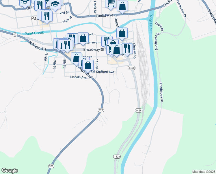 map of restaurants, bars, coffee shops, grocery stores, and more near Pointview Court in Paintsville