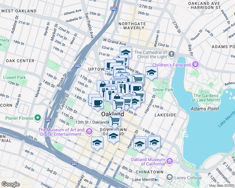 map of restaurants, bars, coffee shops, grocery stores, and more near 1621 Telegraph Avenue in Oakland