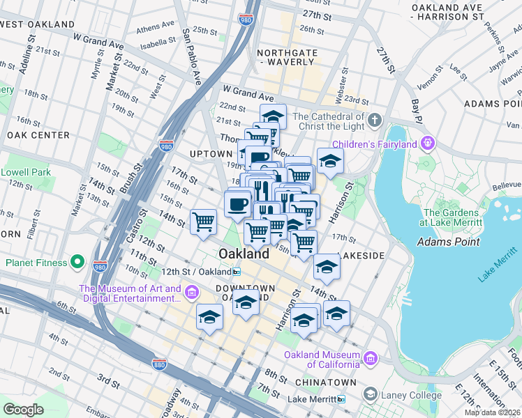 map of restaurants, bars, coffee shops, grocery stores, and more near in Oakland