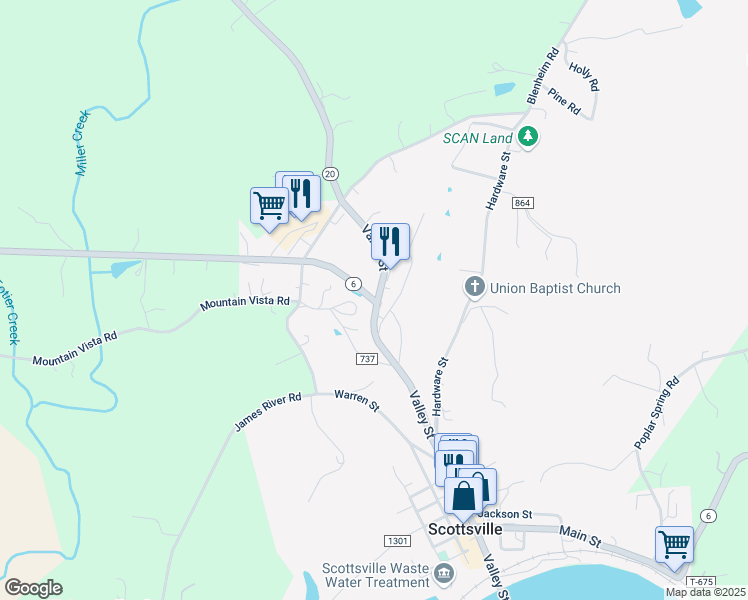 map of restaurants, bars, coffee shops, grocery stores, and more near 0 Highway 6 in Scottsville