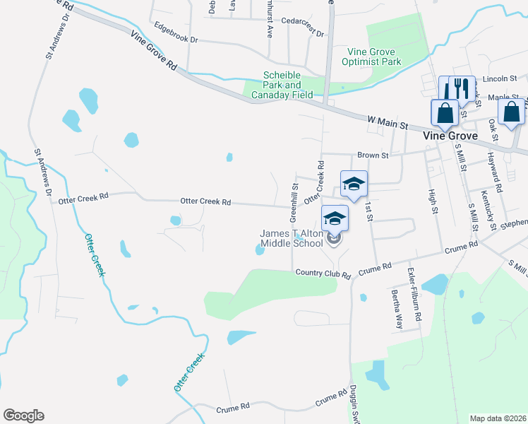 map of restaurants, bars, coffee shops, grocery stores, and more near 806 Otter Creek Road in Vine Grove