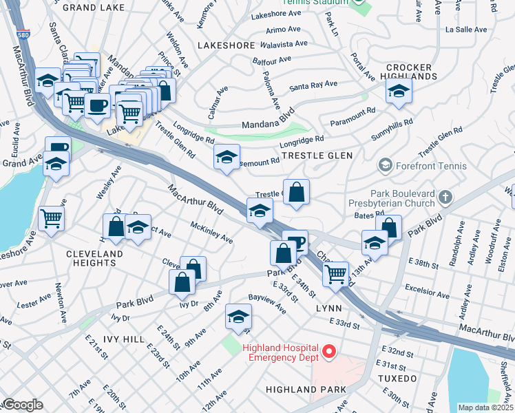 map of restaurants, bars, coffee shops, grocery stores, and more near 1021 Brookwood Road in Oakland