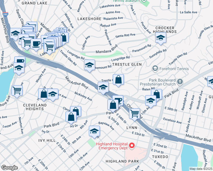 map of restaurants, bars, coffee shops, grocery stores, and more near 1039 Brookwood Road in Oakland