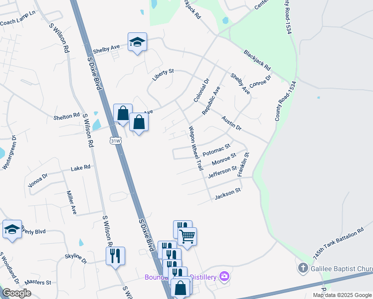 map of restaurants, bars, coffee shops, grocery stores, and more near 608 Potomac Court in Radcliff