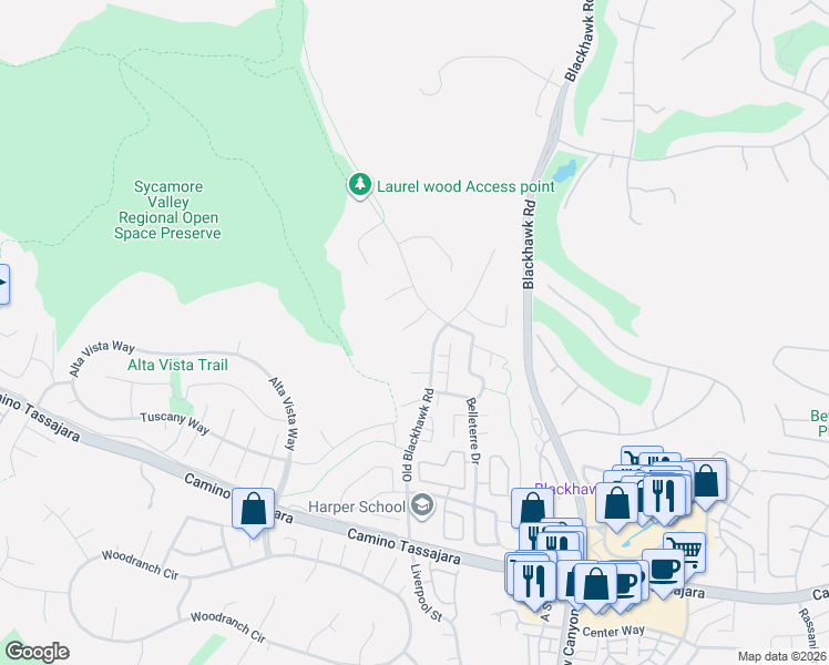 map of restaurants, bars, coffee shops, grocery stores, and more near 3650 Old Blackhawk Road in Danville