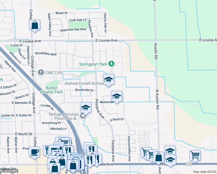 map of restaurants, bars, coffee shops, grocery stores, and more near 740 Pestana Avenue in Manteca