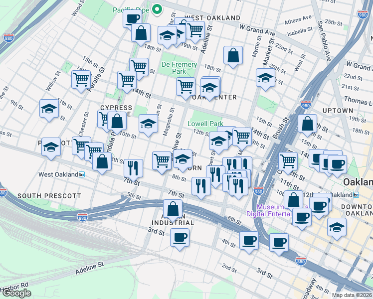 map of restaurants, bars, coffee shops, grocery stores, and more near 2 10th Street in Oakland