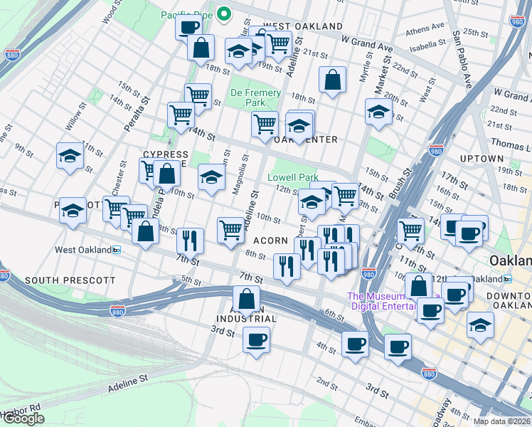 map of restaurants, bars, coffee shops, grocery stores, and more near 1117 10th Street in Oakland