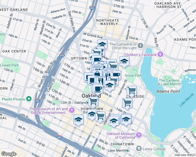 map of restaurants, bars, coffee shops, grocery stores, and more near in Oakland