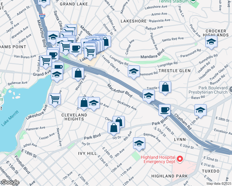 map of restaurants, bars, coffee shops, grocery stores, and more near 806 McKinley Avenue in Oakland