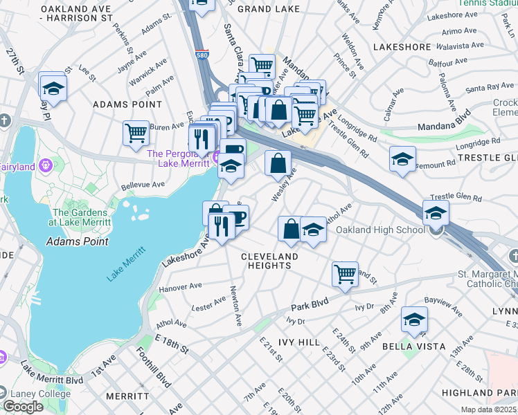 map of restaurants, bars, coffee shops, grocery stores, and more near 568 Wesley Avenue in Oakland