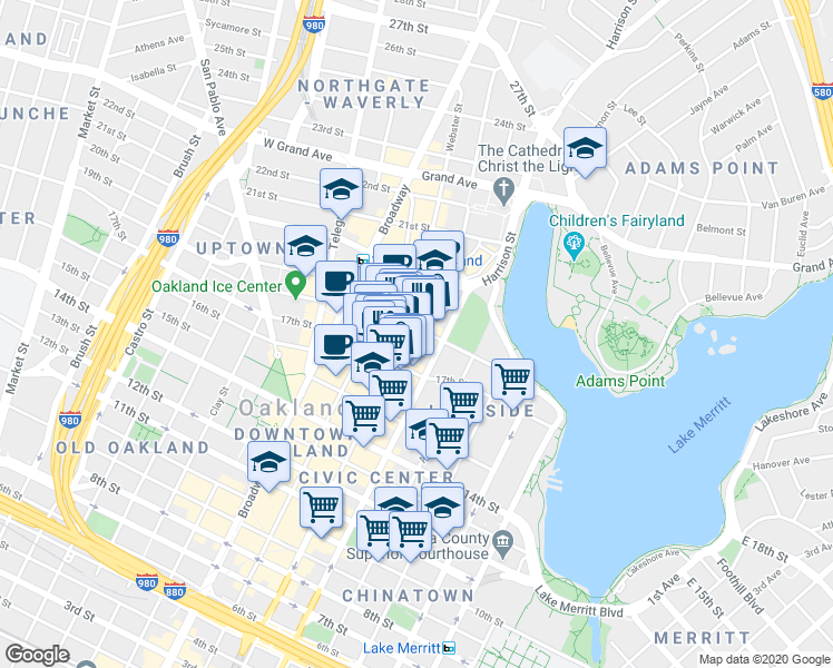 map of restaurants, bars, coffee shops, grocery stores, and more near 1732 Webster Street in Oakland