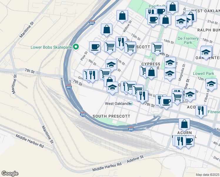 map of restaurants, bars, coffee shops, grocery stores, and more near in Oakland