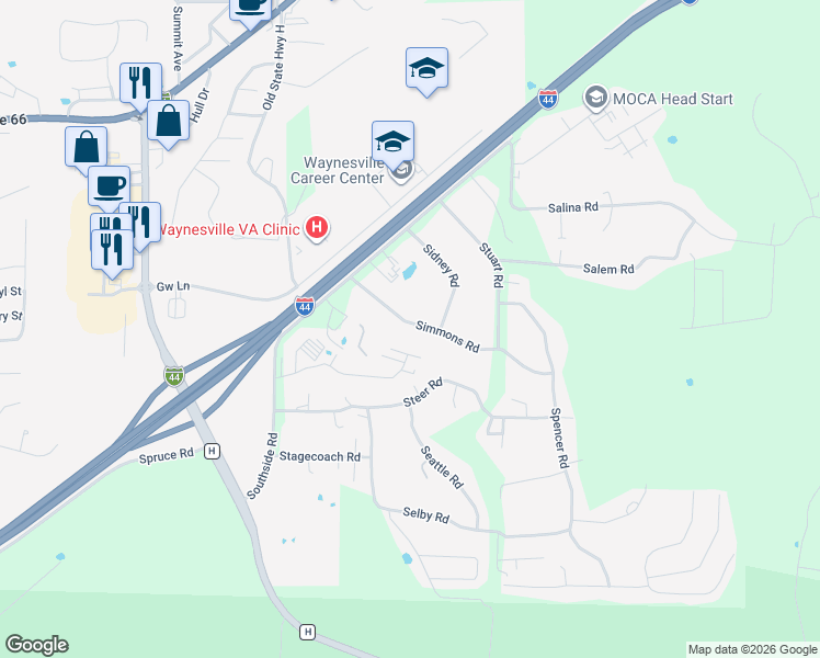 map of restaurants, bars, coffee shops, grocery stores, and more near 20150 Simmons Road in Waynesville