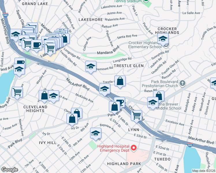 map of restaurants, bars, coffee shops, grocery stores, and more near 1039 Brookwood Road in Oakland